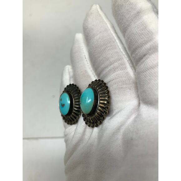 Vintage Richard Begay Sterling Silver Turquoise Earring Studs Oval Stamped RB - Picture 2 of 7
